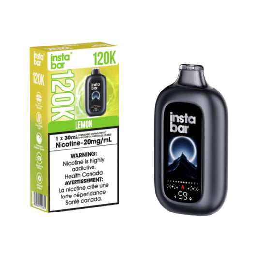 Insta Bar 120K Lemon disposable vape device with 30mL e-liquid capacity and 20mg nicotine strength