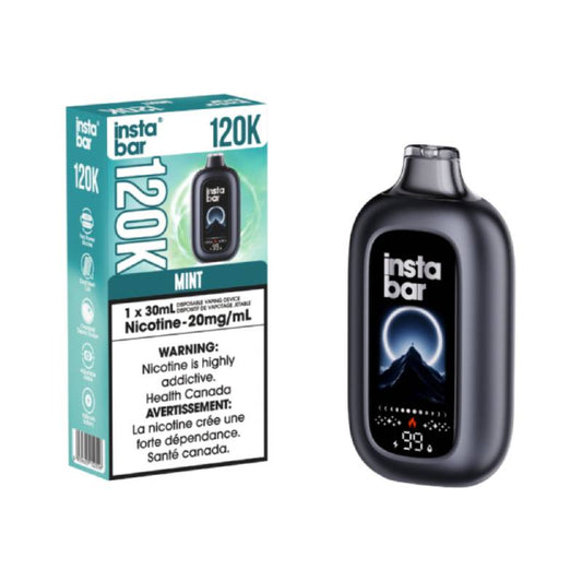 Insta Bar 120K Mint disposable vape device with 30mL e-liquid capacity and 20mg nicotine strength