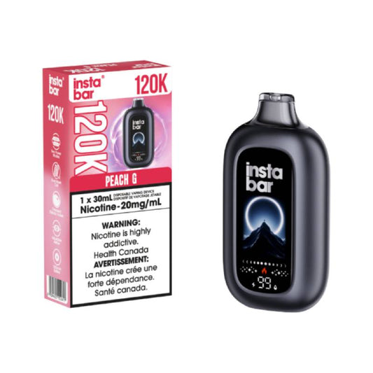 Insta Bar 120K Peach G disposable vape device with 30mL e-liquid capacity and 20mg nicotine strength