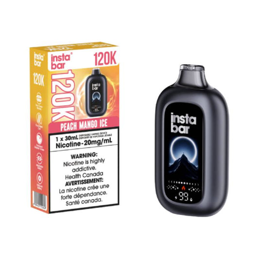 Insta Bar 120K Peach Mango Ice disposable vape device with 30mL e-liquid capacity and 20mg nicotine strength