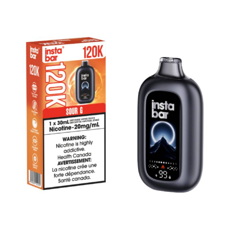 Insta Bar 120K Sour G disposable vape device with 30mL e-liquid capacity and 20mg nicotine strength