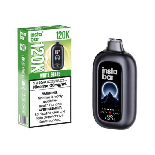 Insta Bar 120K White Grape disposable vape device with 30mL e-liquid capacity and 20mg nicotine strength