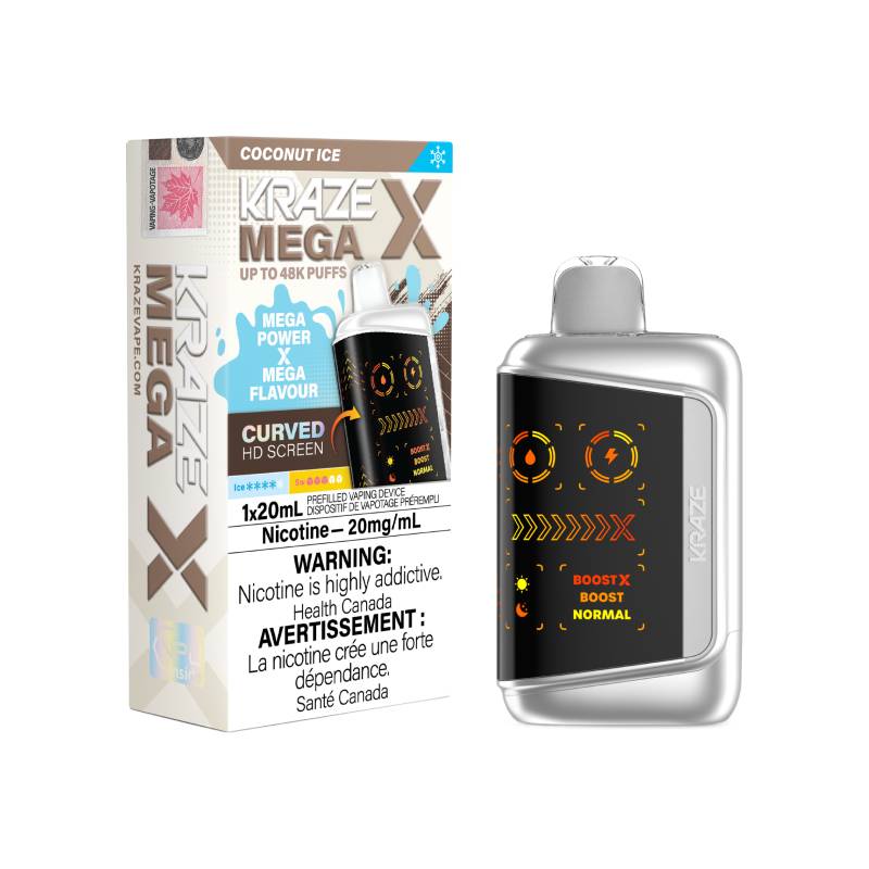 Kraze Mega X 48K disposable vape with coconut ice flavour, 20mg nicotine