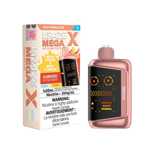 Kraze Mega X 48K disposable vape with juicy peach ice flavour, 20mg nicotine