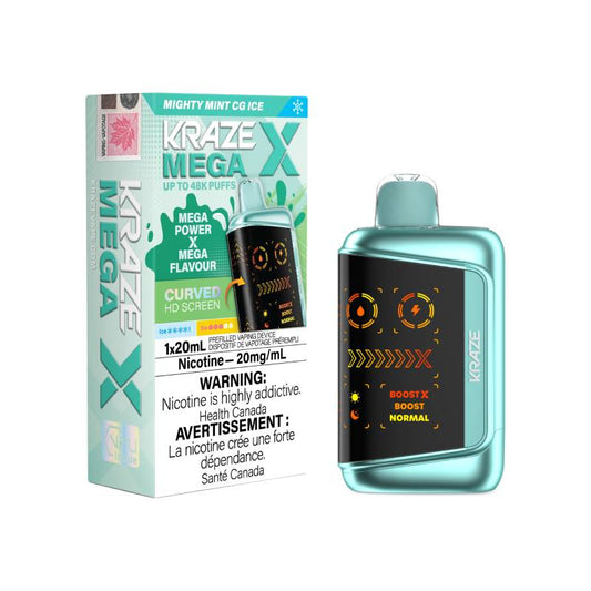Kraze Mega X 48K disposable vape with mighty mint ice flavour, 20mg nicotine