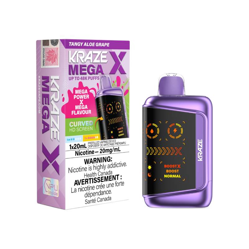 Kraze Mega X 48K disposable vape with tangy aloe grape flavour, 20mg nicotine