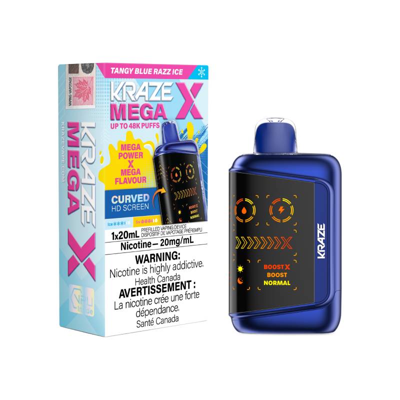 Kraze Mega X 48K disposable vape with tangy blue razz ice flavour, 20mg nicotine