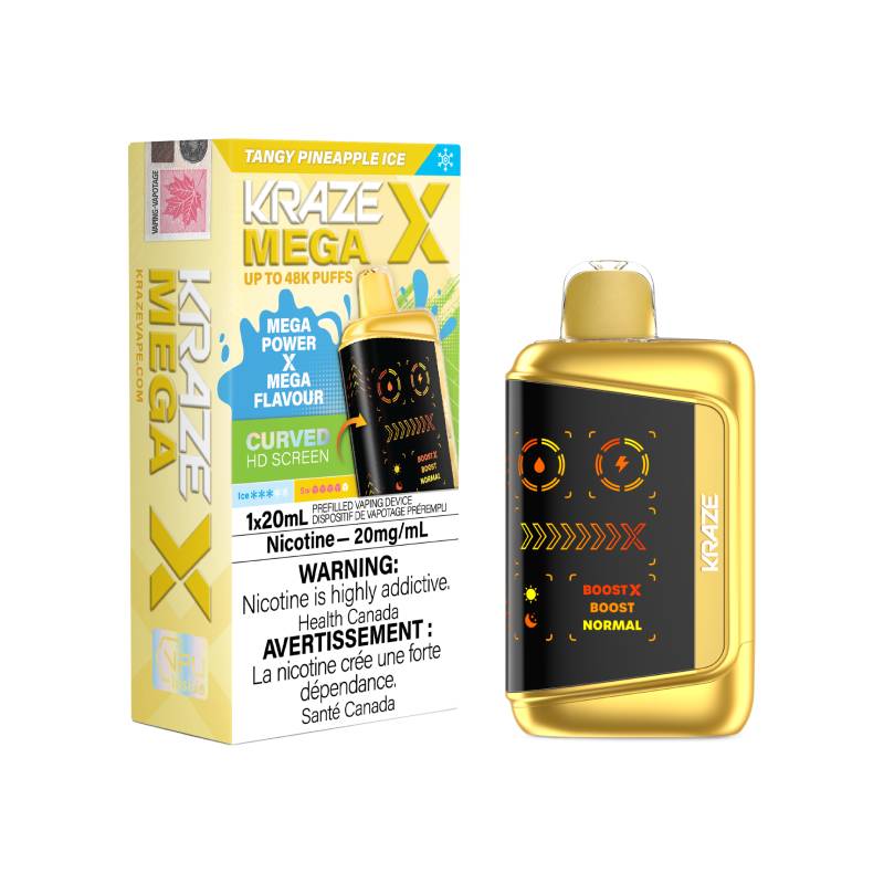 Kraze Mega X 48K disposable vape with tangy pineapple ice flavour, 20mg nicotine