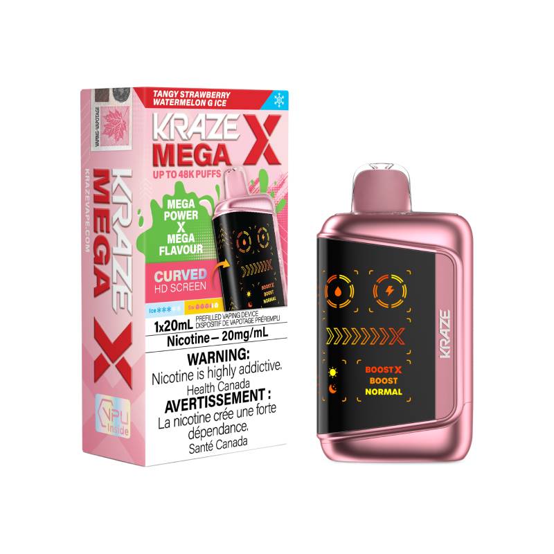 Kraze Mega X 48K disposable vape with tangy strawberry watermelon ice flavour, 20mg nicotine