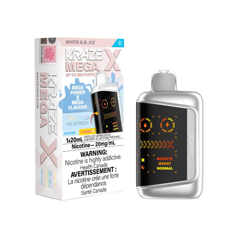 Kraze Mega X 48K disposable vape with white G.B. ice flavour, 20mg nicotine