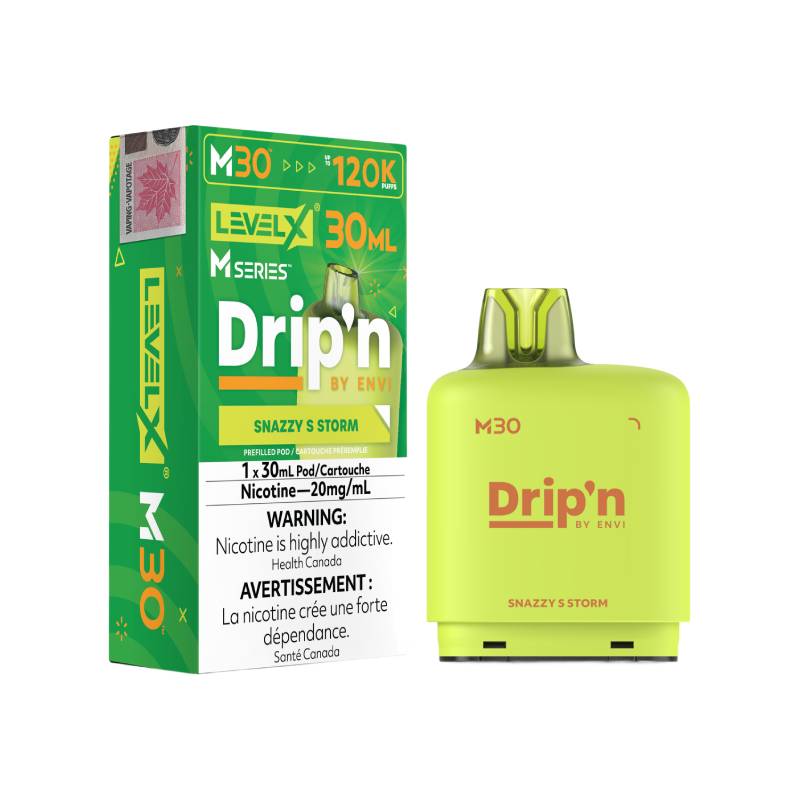 Level X M Series M30 120K Drip'n by ENVI Snazzy S Storm prefilled vape pod with retail packaging