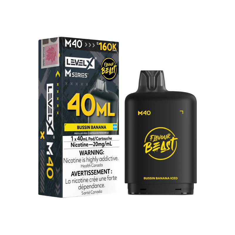Level X M Series M40 160K Bussin' Banana Iced vape pod with retail packaging