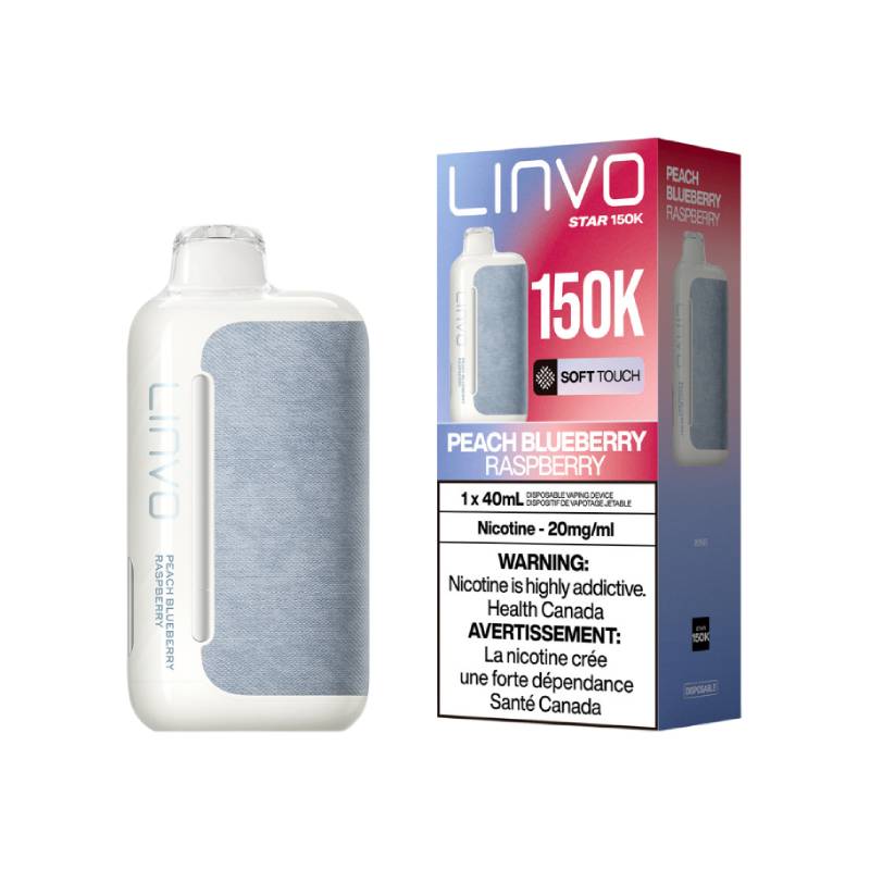 LINVO Star 150K Peach Blueberry Raspberry disposable vape with retail packaging