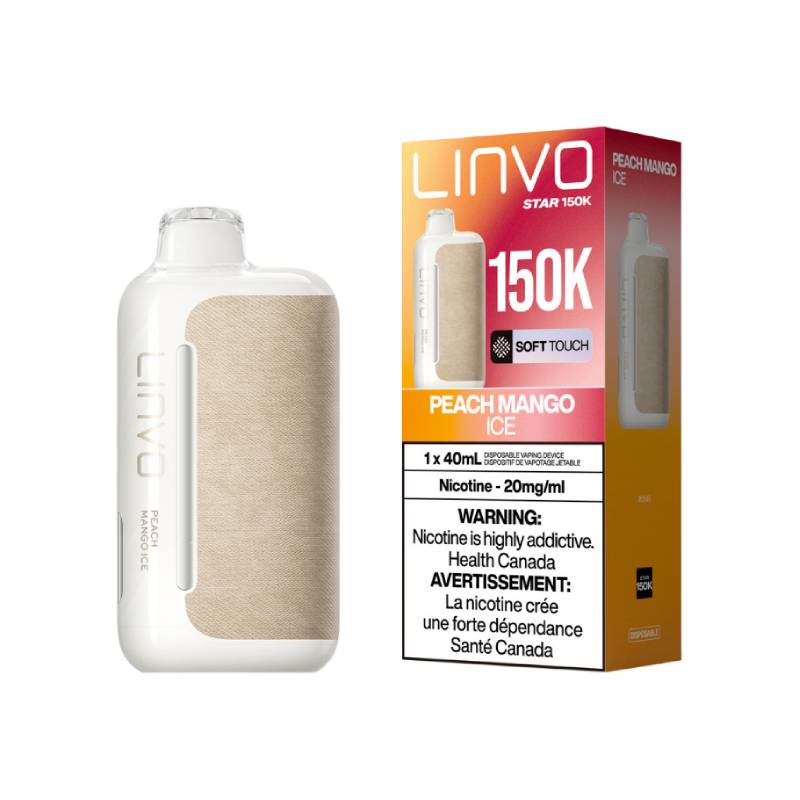 LINVO Star 150K Peach Mango Ice disposable vape with retail packaging