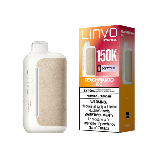 LINVO Star 150K Peach Mango Ice disposable vape with retail packaging