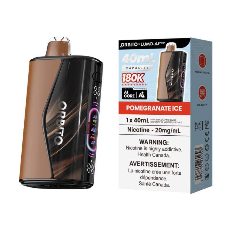 Orbito Lumo AI Pro+ 180K Pomegranate Ice disposable vape with retail packaging