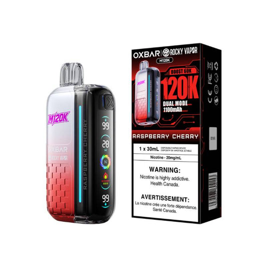 OXBAR x Rocky Vapor M120K Raspberry Cherry disposable vape with retail packaging