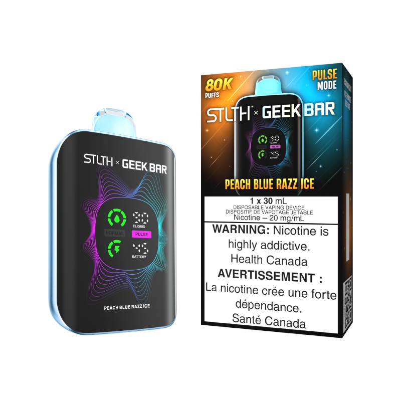 STLTH x GEEK BAR 80K Peach Blue Razz Ice disposable vape with retail packaging